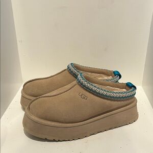 UGG Beige Platform Slippers with Teal Accent